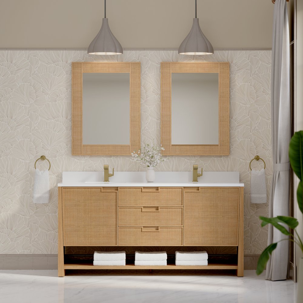 James Martin - Solene 72" Double Vanity, Seaside Oak, w/ Single Hole 3 CM White Zeus Quartz Top & Backsplash - D225-V72-SSO-1WZ view 3