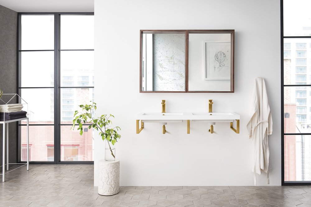 James Martin - Three Boston 18" Wall Brackets, Radiant Gold w/ 47" White Glossy Composite Stone Top - 055BK18RGD47WG2 view 2