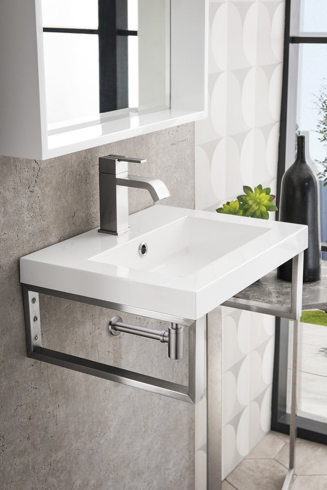 James Martin - Two Boston 15.25" Wall Brackets, Brushed Nickel w/ 20" White Glossy Composite Stone Top - 055BK16BNK20WG2 view 4