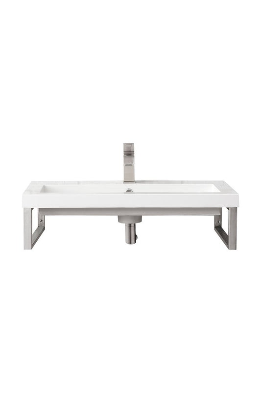 James Martin - Two Boston 15.25" Wall Brackets, Brushed Nickel w/ 31.5" White Glossy Composite Stone Top - 055BK16BNK31.5WG2 view 1
