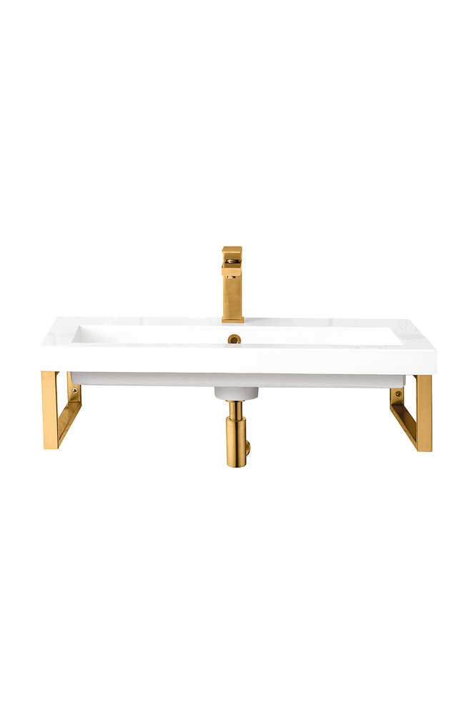 James Martin - Two Boston 15.25" Wall Brackets, Radiant Gold w/ 31.5" White Glossy Composite Stone Top - 055BK16RGD31.5WG2 view 1