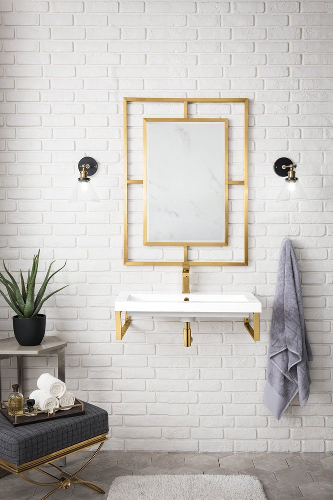 James Martin - Two Boston 15.25" Wall Brackets, Radiant Gold w/ 31.5" White Glossy Composite Stone Top - 055BK16RGD31.5WG2 view 2