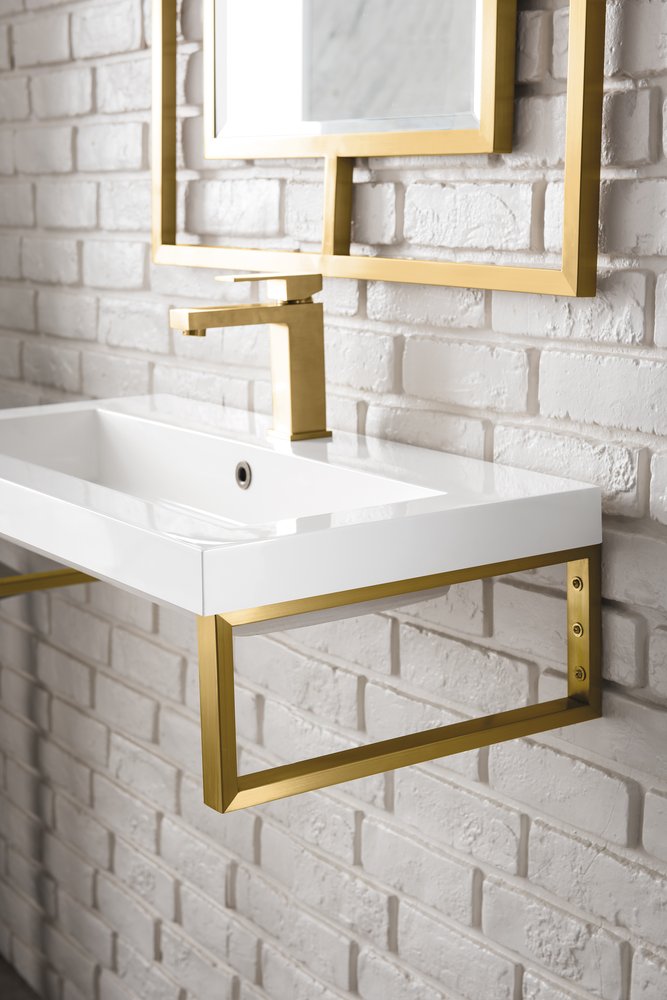 James Martin - Two Boston 15.25" Wall Brackets, Radiant Gold w/ 31.5" White Glossy Composite Stone Top - 055BK16RGD31.5WG2 view 4