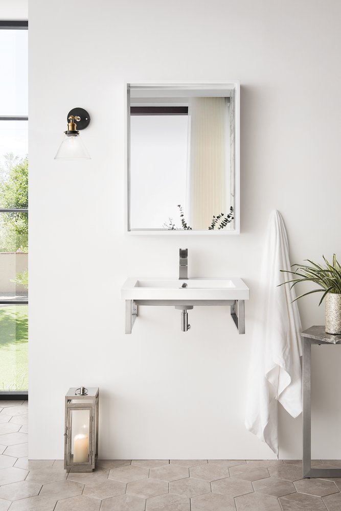James Martin - Two Boston 18" Wall Brackets, Brushed Nickel w/ 23.6" White Glossy Composite Stone Top - 055BK18BNK23.6WG2 view 2