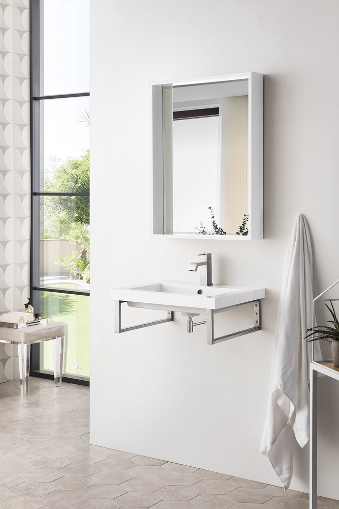 James Martin - Two Boston 18" Wall Brackets, Brushed Nickel w/ 23.6" White Glossy Composite Stone Top - 055BK18BNK23.6WG2 view 3