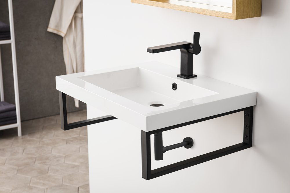 James Martin - Two Boston 18" Wall Brackets, Matte Black w/ 23.6" White Glossy Composite Stone Top - 055BK18MBK23.6WG2 view 4