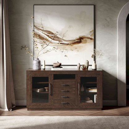 Jofran - Auburn Hills 60in Contemporary Media Console with Tempered Glass Doors, Drawers and Adjustable Shelves in Dark Oak - 2499-60 view 1