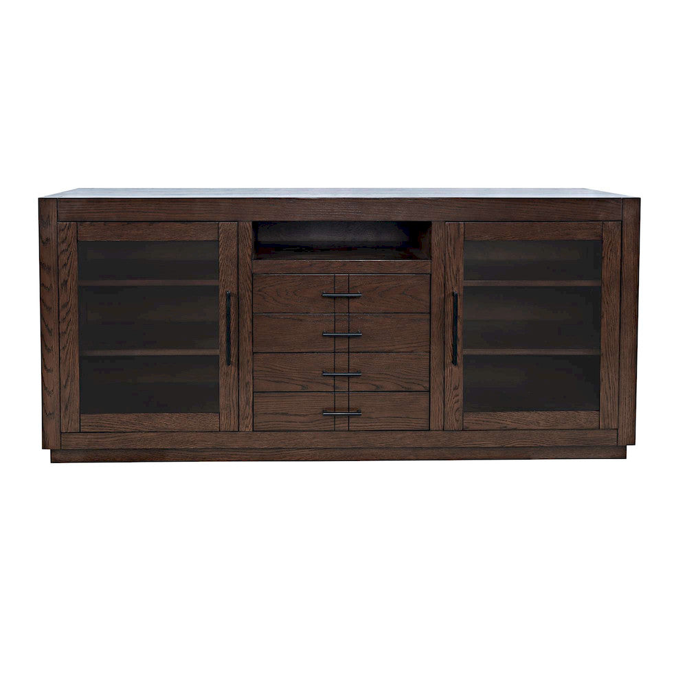 Jofran - Auburn Hills 70in Contemporary Media Console with Tempered Glass Doors, Drawers and Adjustable Shelves in Dark Oak - 2499-70 view 1