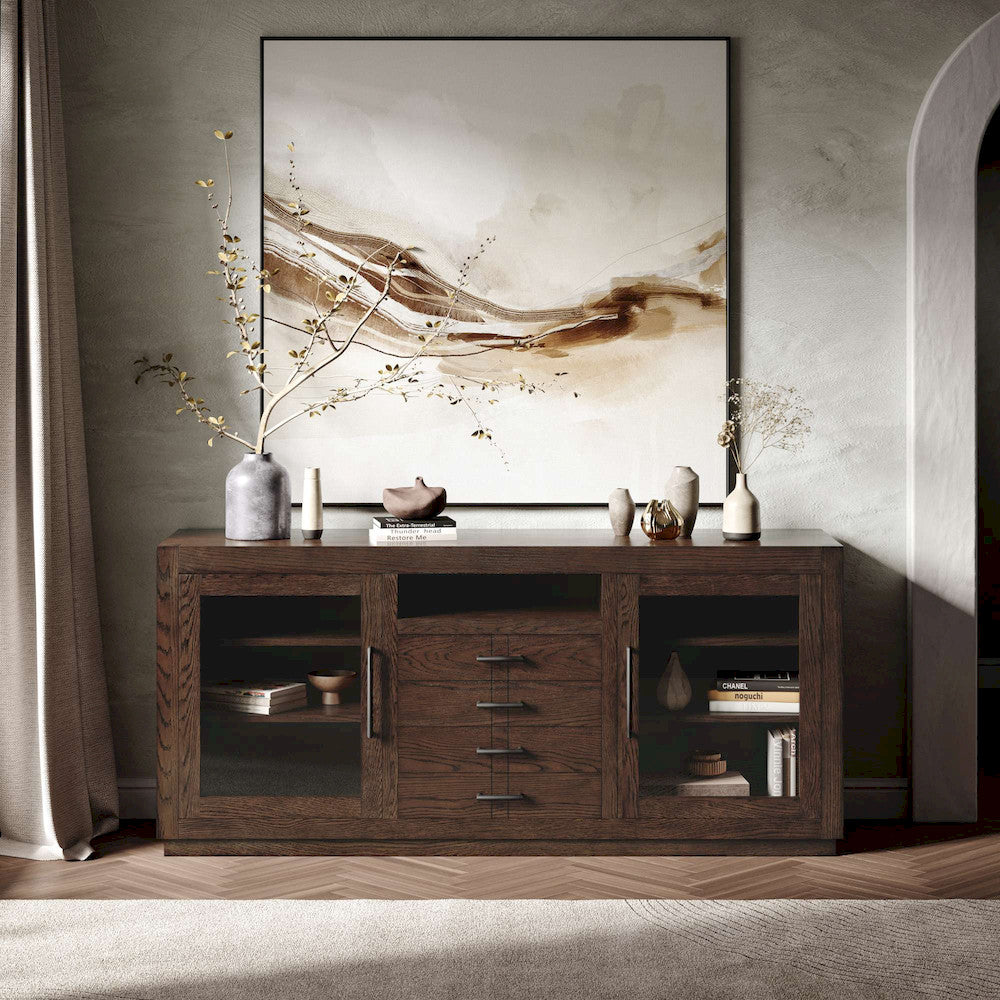 Jofran - Auburn Hills 70in Contemporary Media Console with Tempered Glass Doors, Drawers and Adjustable Shelves in Dark Oak - 2499-70 view 9