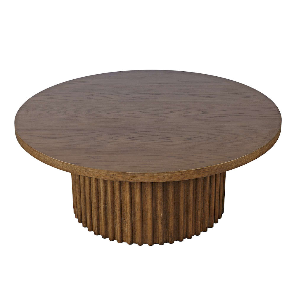 Jofran - Auden 40in Round Mid-Century Modern Fluted Pedestal Base Coffee Table with Caster Wheels in Chestnut - 2420-2TBCHSKT view 2