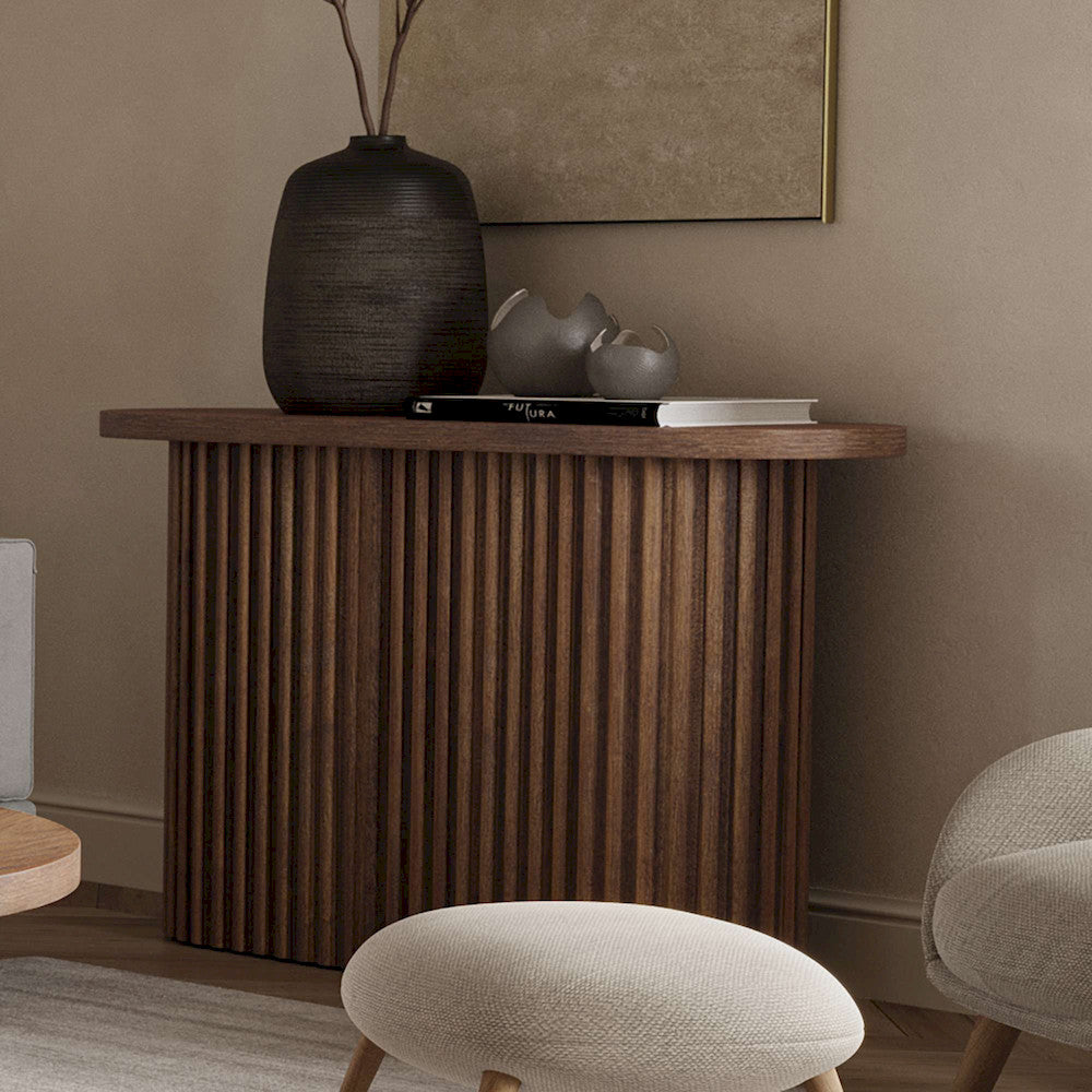 Jofran - Auden Oval Mid-Century Modern Fluted Pedestal Base Sofa Console Table in Chestnut - 2420-4TBCHSKT view 9