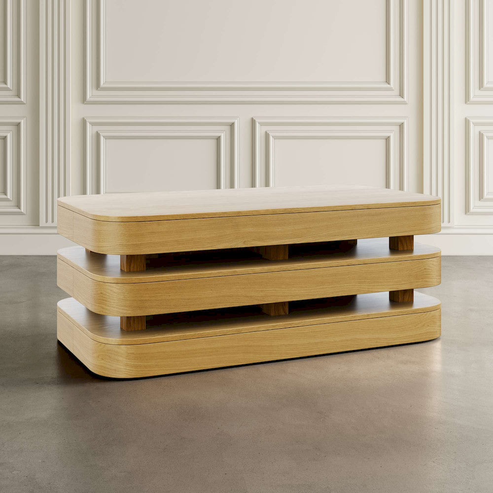Jofran - Brix Mid-Century Modern Floating Sculpture Layered Coffee Table with Caster Wheels - 2370-1OAK view 3