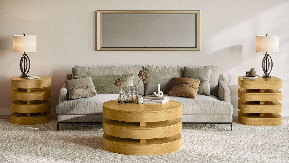 Jofran - Brix Mid-Century Modern Floating Sculpture Round Layered Coffee Table with Caster Wheels - 2370-2OAK view 4