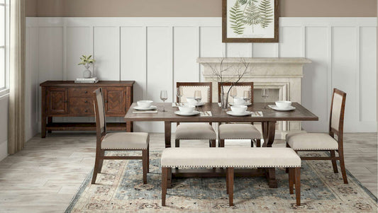 Jofran - Fairview Mid-Century Distressed 78in Six-Piece Upholstered Dining Set with Bench - 1931-78D-6 view 2
