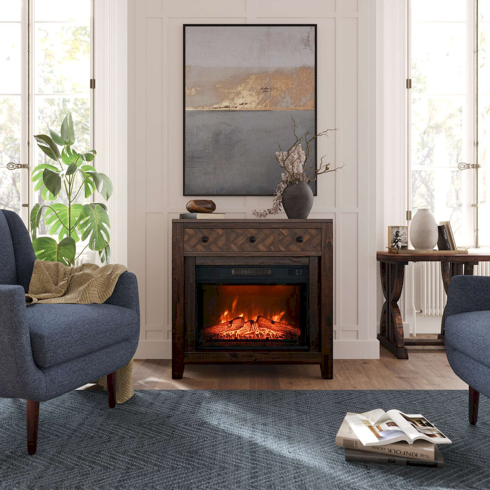Jofran - Fairview Modern Transitional 32in Chevron Electric Fireplace Console TV Stand in Oak - 1932-FP32 view 12