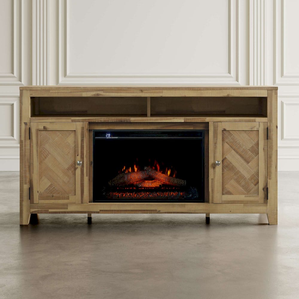 Jofran - Fairview Modern Transitional 60in Chevron Fireplace Storage Console TV Stand with Electric Fireplace, Bryce Light Brown - 2338-FP6032 view 4