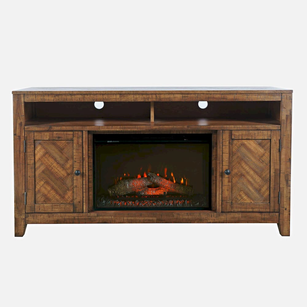 Jofran - Fairview Modern Transitional 60in Chevron Fireplace Storage Console TV Stand with Electric Fireplace, Oak Dark Brown - 1932-FP6032 view 1