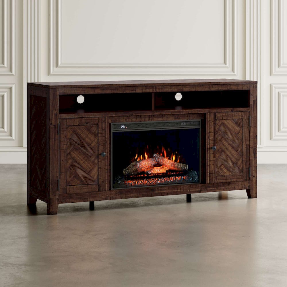 Jofran - Fairview Modern Transitional 60in Chevron Fireplace Storage Console TV Stand with Electric Fireplace, Oak Dark Brown - 1932-FP6032 view 7