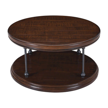 Jofran - Larson Modern Industrial 36in Round Solid Wood Coffee Table with Shelf, Distressed Brown - 2222-2 view 1