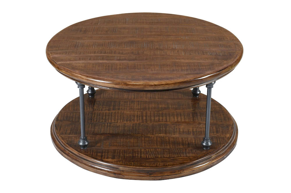 Jofran - Larson Modern Industrial 36in Round Solid Wood Coffee Table with Shelf, Distressed Brown - 2222-2 view 3