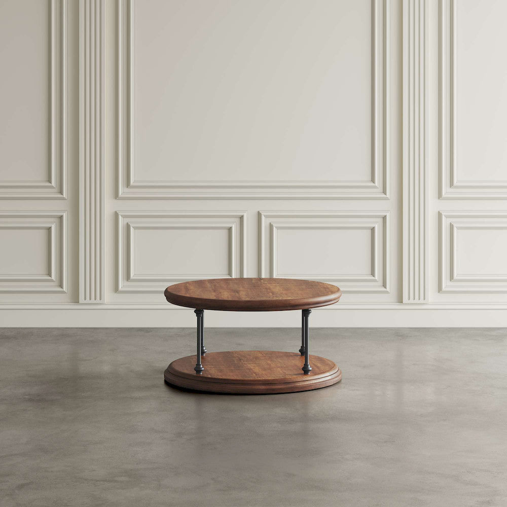 Jofran - Larson Modern Industrial 36in Round Solid Wood Coffee Table with Shelf, Distressed Brown - 2222-2 view 4