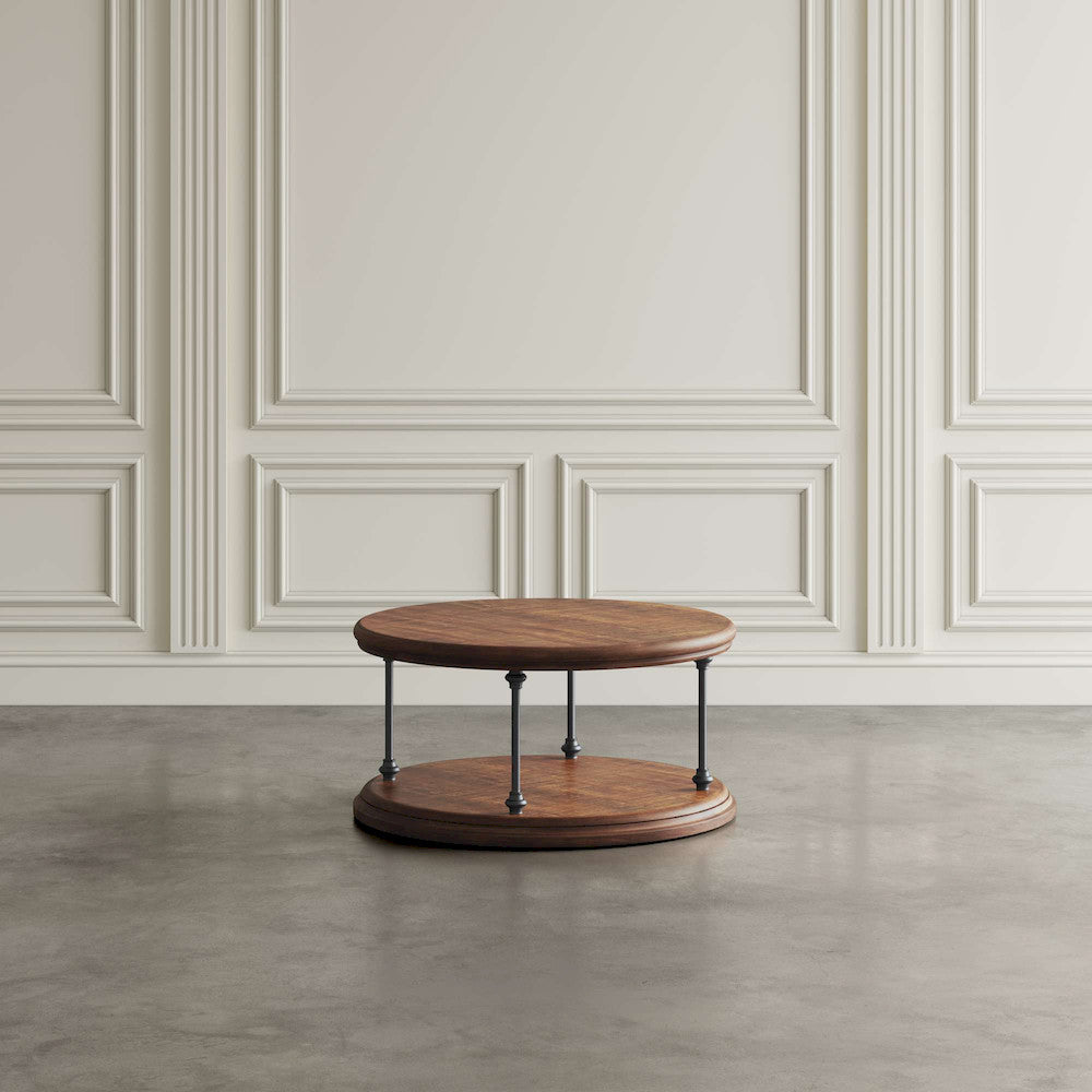 Jofran - Larson Modern Industrial 36in Round Solid Wood Coffee Table with Shelf, Distressed Brown - 2222-2 view 5