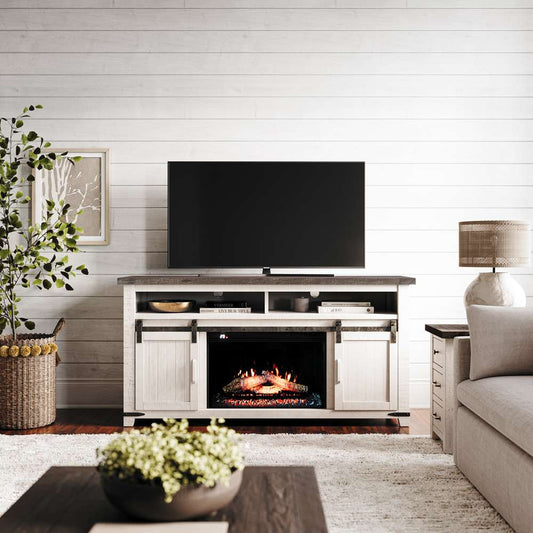 Jofran - Madison County Solid Pine Rustic 64in Barn Door Farmhouse TV Stand Console with Electric Fireplace, Vintage White - 1706-FP6432 veiw 1