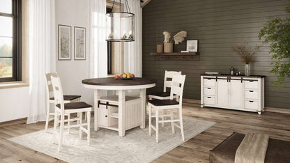 Jofran - Madison County Rustic Farmhouse Five Piece Reclaimed Solid Wood Counter Height Round Dining Set with Ladderback Barstools - 1706-54C-4-BS401KD view 7