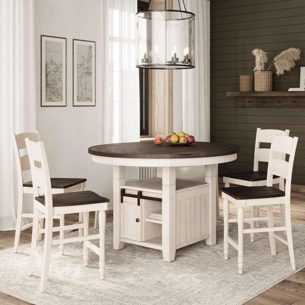 Jofran - Madison County Rustic Farmhouse Five Piece Reclaimed Solid Wood Counter Height Round Dining Set with Ladderback Barstools - 1706-54C-4-BS401KD view 12
