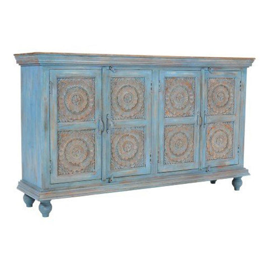 Jofran - Marchand 71in Solid Wood Boho Distressed Sideboard Cabinet with Artisan Carved Doors in Antique Blue - 2345-71 veiw 1