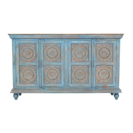 Jofran - Marchand 71in Solid Wood Boho Distressed Sideboard Cabinet with Artisan Carved Doors in Antique Blue - 2345-71 veiw 2