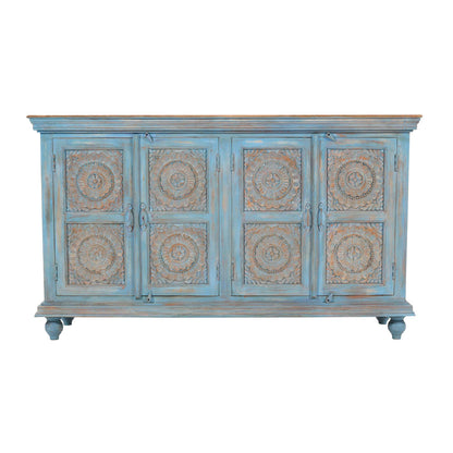 Jofran - Marchand 71in Solid Wood Boho Distressed Sideboard Cabinet with Artisan Carved Doors in Antique Blue - 2345-71 view 1