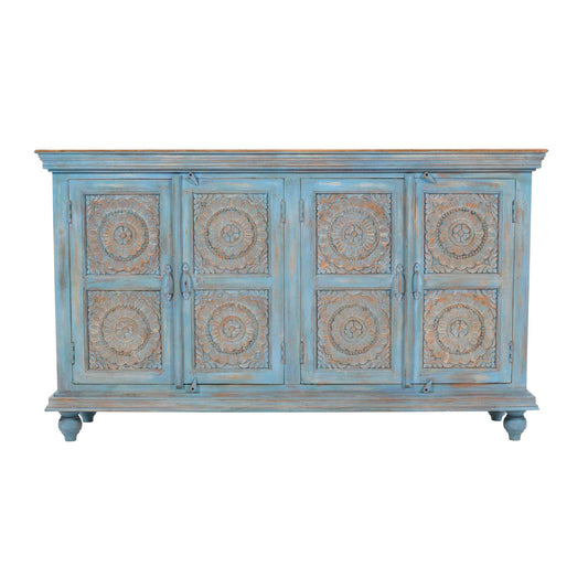 Jofran - Marchand 71in Solid Wood Boho Distressed Sideboard Cabinet with Artisan Carved Doors in Antique Blue - 2345-71 view 1