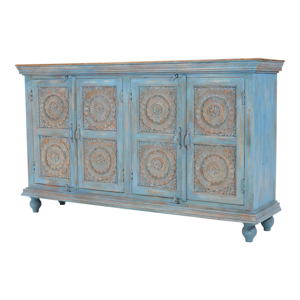 Jofran - Marchand 71in Solid Wood Boho Distressed Sideboard Cabinet with Artisan Carved Doors in Antique Blue - 2345-71 view 2