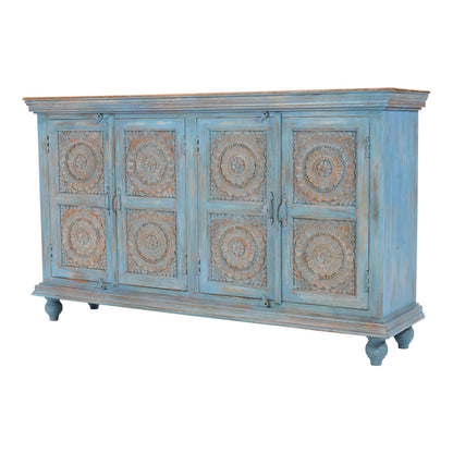 Jofran - Marchand 71in Solid Wood Boho Distressed Sideboard Cabinet with Artisan Carved Doors in Antique Blue - 2345-71 view 2