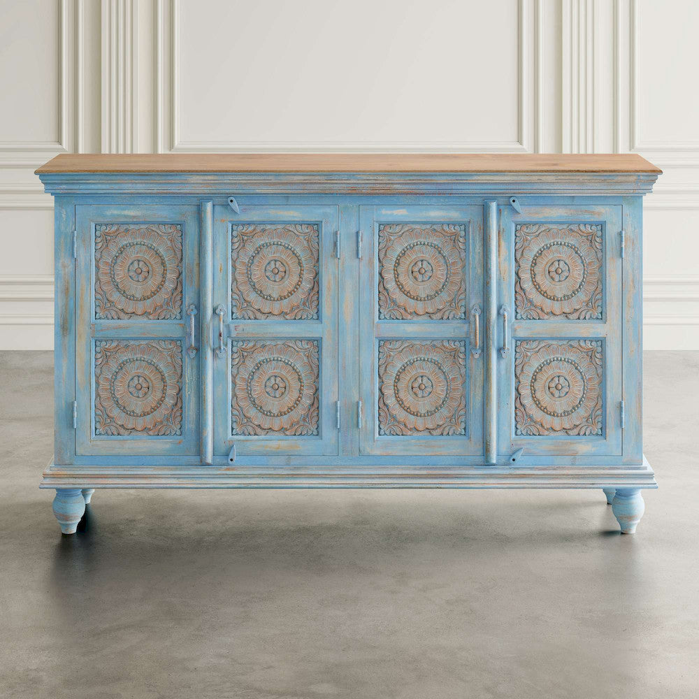 Jofran - Marchand 71in Solid Wood Boho Distressed Sideboard Cabinet with Artisan Carved Doors in Antique Blue - 2345-71 view 7
