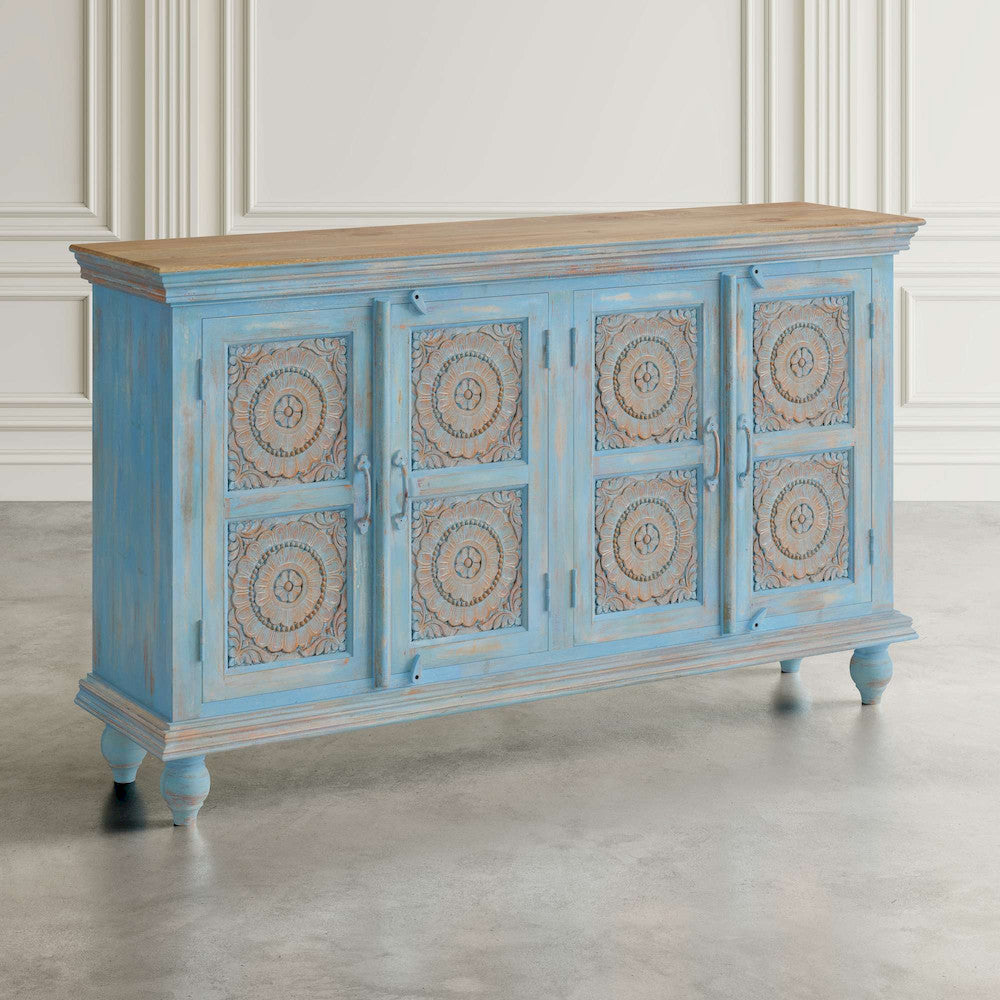 Jofran - Marchand 71in Solid Wood Boho Distressed Sideboard Cabinet with Artisan Carved Doors in Antique Blue - 2345-71 view 8
