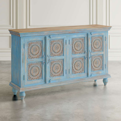 Jofran - Marchand 71in Solid Wood Boho Distressed Sideboard Cabinet with Artisan Carved Doors in Antique Blue - 2345-71 view 8