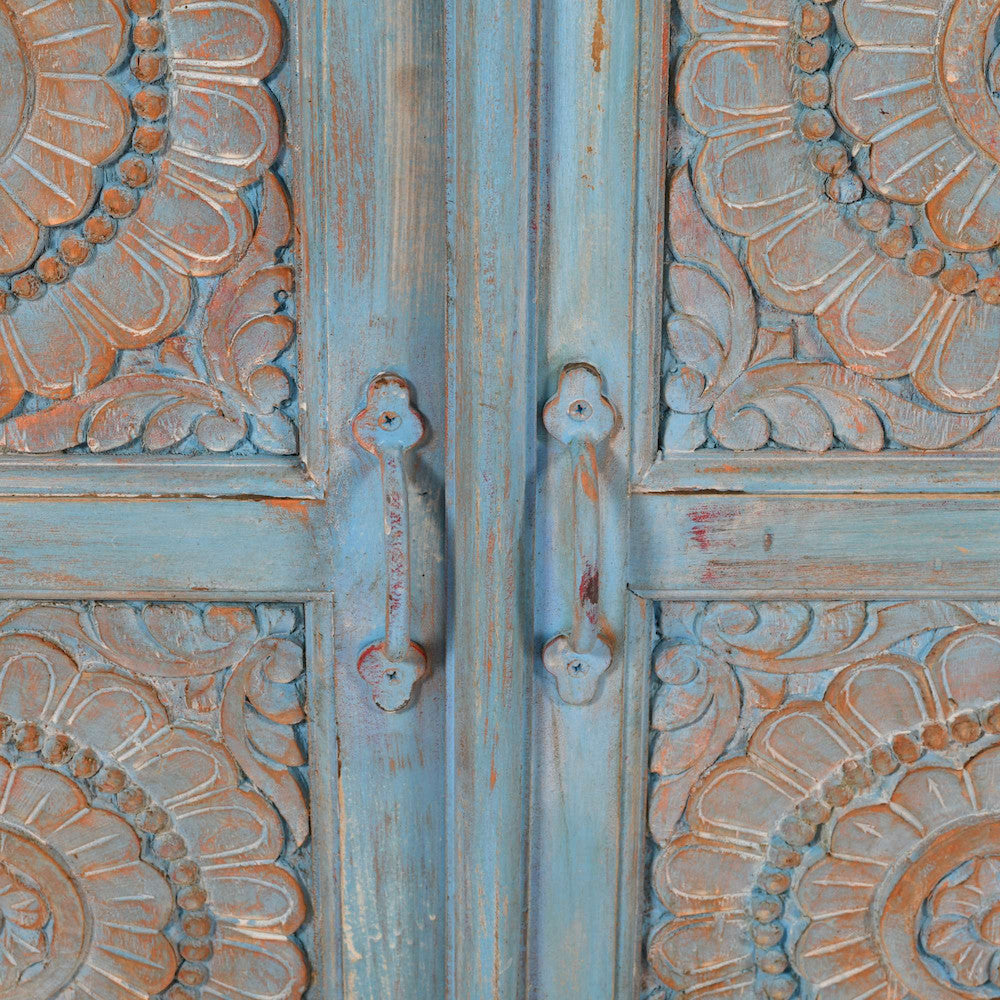 Jofran - Marchand 71in Solid Wood Boho Distressed Sideboard Cabinet with Artisan Carved Doors in Antique Blue - 2345-71 view 10