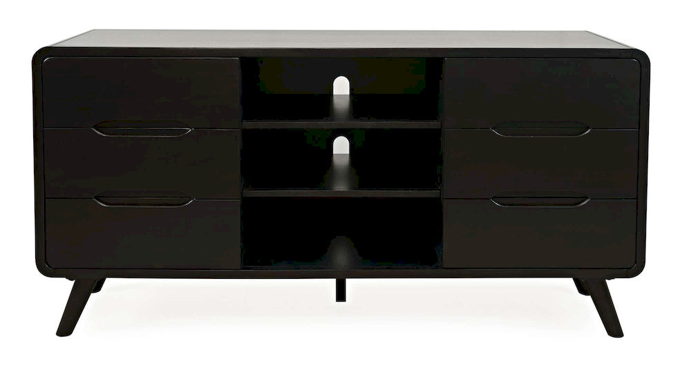 Jofran - Marlowe Mid-Century Modern 64in Curved Media Console TV Stand with Tapered Legs and Storage Drawers, Dark Brown - 2242-64 view 1