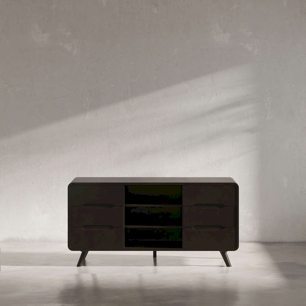 Jofran - Marlowe Mid-Century Modern 64in Curved Media Console TV Stand with Tapered Legs and Storage Drawers, Dark Brown - 2242-64 view 4
