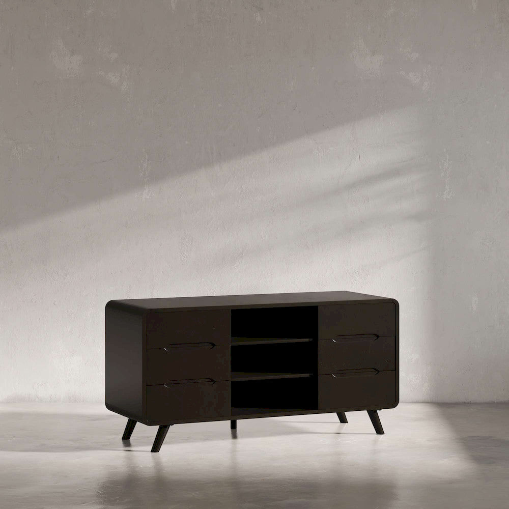 Jofran - Marlowe Mid-Century Modern 64in Curved Media Console TV Stand with Tapered Legs and Storage Drawers, Dark Brown - 2242-64 view 5