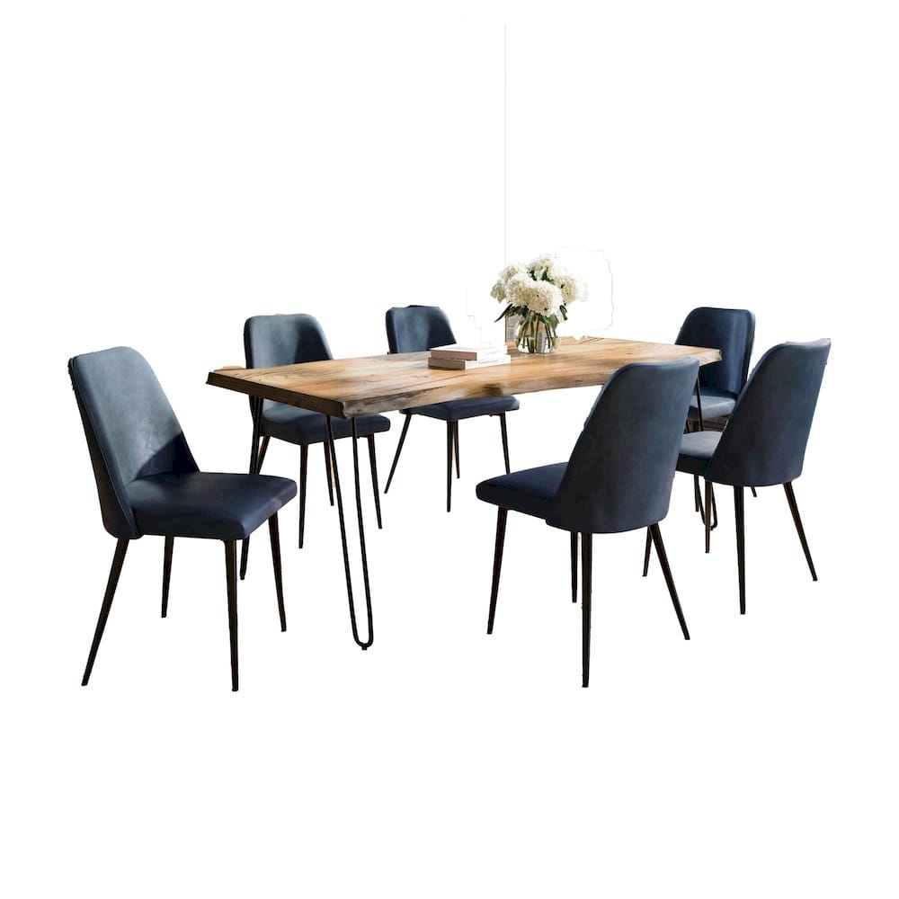 Jofran - Natures Edge Seven Piece Solid Acacia Dining Set with Upholstered Mid-Century Modern Chairs, Natural and Blueberry - 1985-79D-6-DOXCHBLB view 1