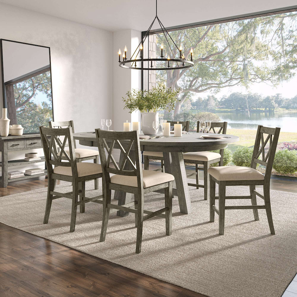 Jofran - Telluride Contemporary Rustic Farmhouse Seven Piece Counter Height Dining Table Set with Cross Back Stools, Driftwood Grey - 2231-54C-7UXB view 6