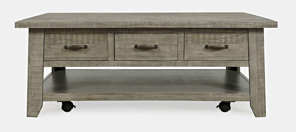 Jofran - Telluride Rustic Distressed Acacia 50in Coffee Table with Caster Wheels and Pull-Through Drawers, Driftwood Grey - 2230-11 view 1