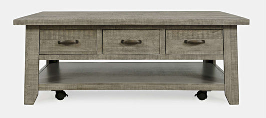 Jofran - Telluride Rustic Distressed Acacia 50in Coffee Table with Caster Wheels and Pull-Through Drawers, Driftwood Grey - 2230-11 view 1