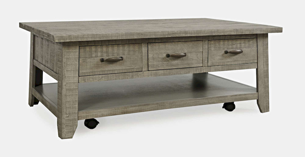 Jofran - Telluride Rustic Distressed Acacia 50in Coffee Table with Caster Wheels and Pull-Through Drawers, Driftwood Grey - 2230-11 view 2