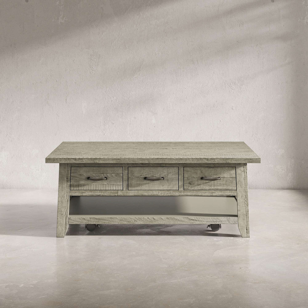 Jofran - Telluride Rustic Distressed Acacia 50in Coffee Table with Caster Wheels and Pull-Through Drawers, Driftwood Grey - 2230-11 view 4