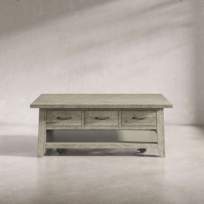 Jofran - Telluride Rustic Distressed Acacia 50in Coffee Table with Caster Wheels and Pull-Through Drawers, Driftwood Grey - 2230-11 view 4