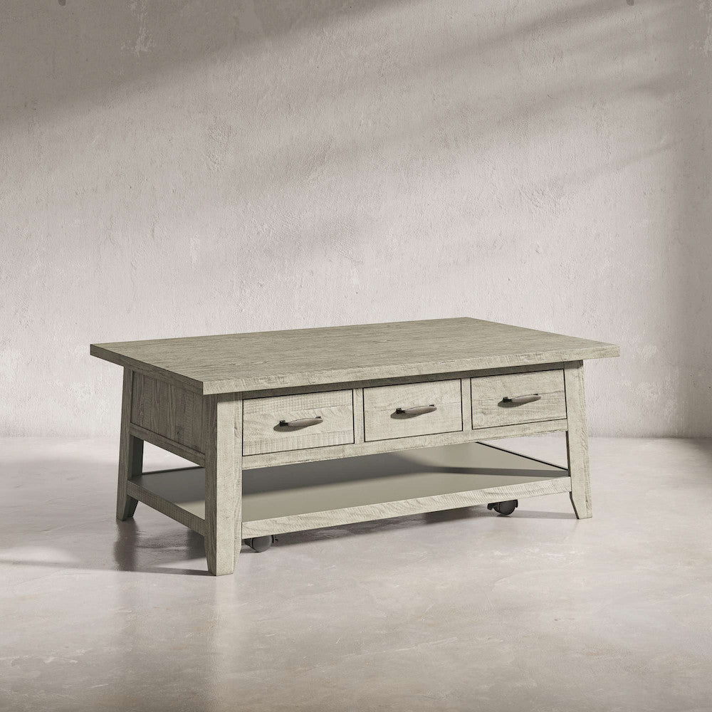 Jofran - Telluride Rustic Distressed Acacia 50in Coffee Table with Caster Wheels and Pull-Through Drawers, Driftwood Grey - 2230-11 view 5